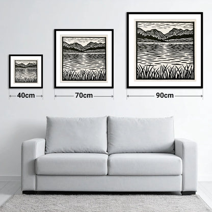 Calm Lake Reflections in Monochrome - size guide showing 40cm, 70cm and 90cm art prints