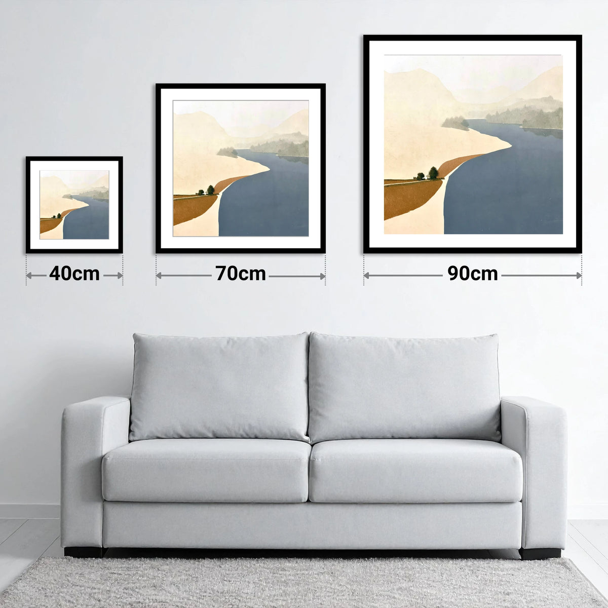 River Derwent Sweeping Shores - size guide showing 40cm, 70cm and 90cm art prints