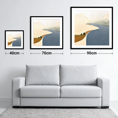 River Derwent Sweeping Shores - size guide showing 40cm, 70cm and 90cm art prints