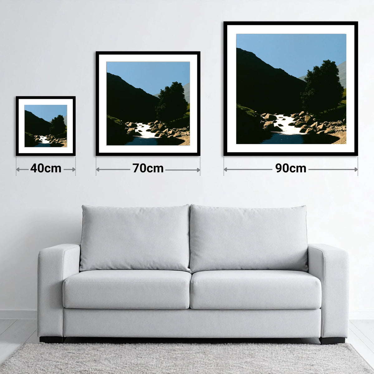 Sunlit Beck Beneath Dark Fell - size guide showing 40cm, 70cm and 90cm art prints