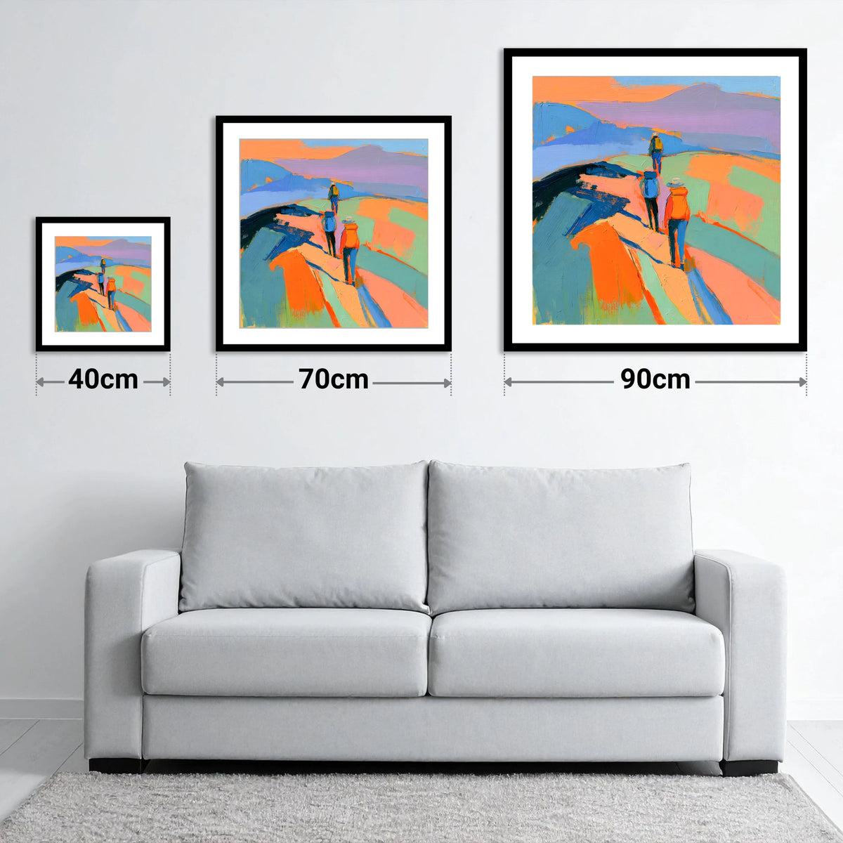 Vivid Hikers on a Fell Ridge - size guide showing 40cm, 70cm and 90cm art prints