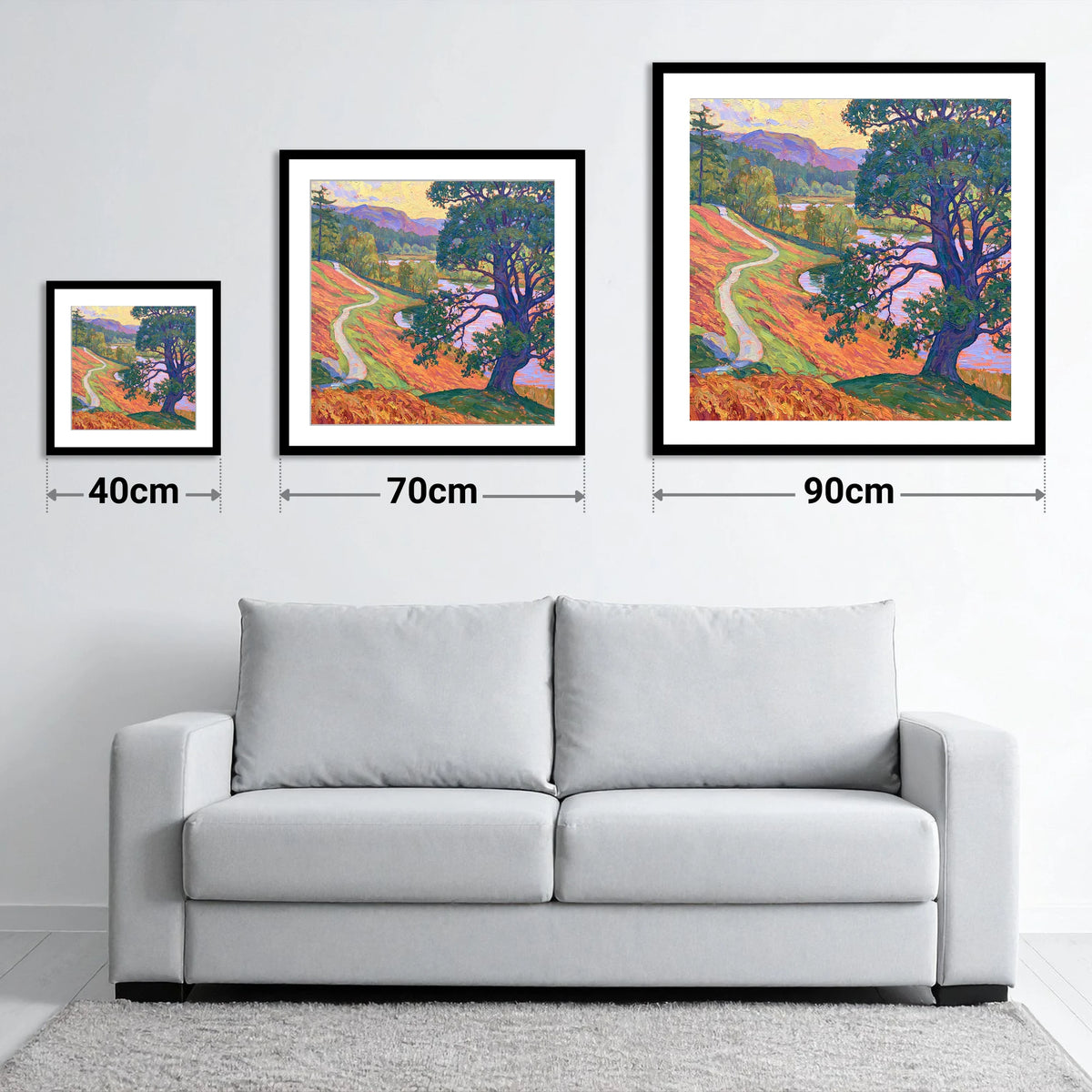 Vibrant Path at Tarn Hows - size guide showing 40cm, 70cm and 90cm art prints