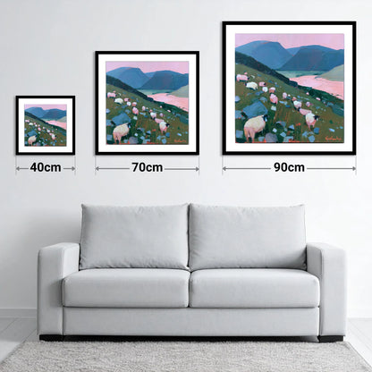 Herdwick Sheep Under Pink Skies - size guide showing 40cm, 70cm and 90cm art prints
