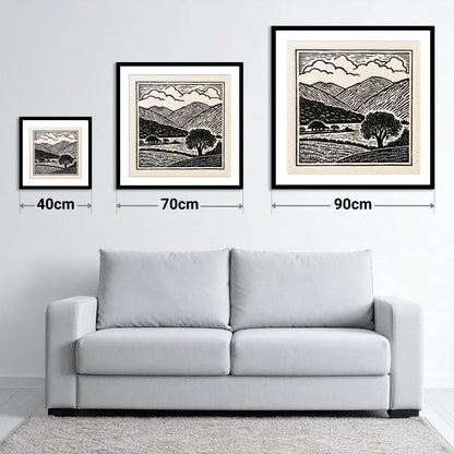 Borrowdale Fells In Striking Monochrome - size guide showing 40cm, 70cm and 90cm art prints