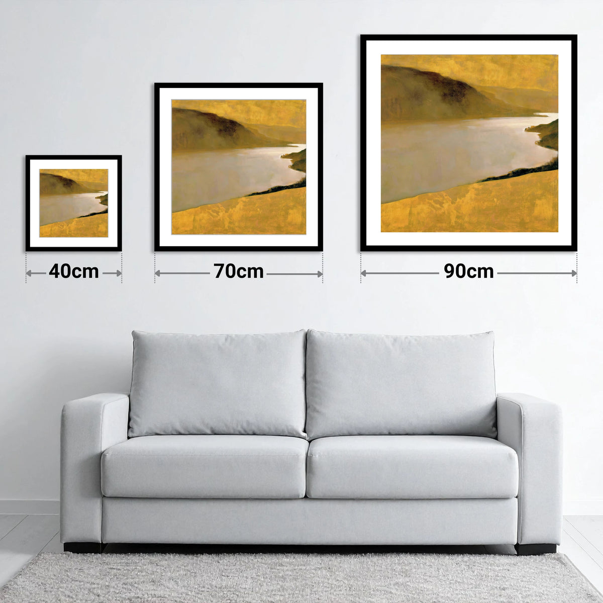 Golden Fells Above the Lake - size guide showing 40cm, 70cm and 90cm art prints