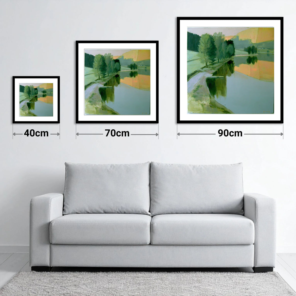 Still Lake in Apricot Dawn - size guide showing 40cm, 70cm and 90cm art prints