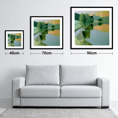 Still Lake in Apricot Dawn - size guide showing 40cm, 70cm and 90cm art prints