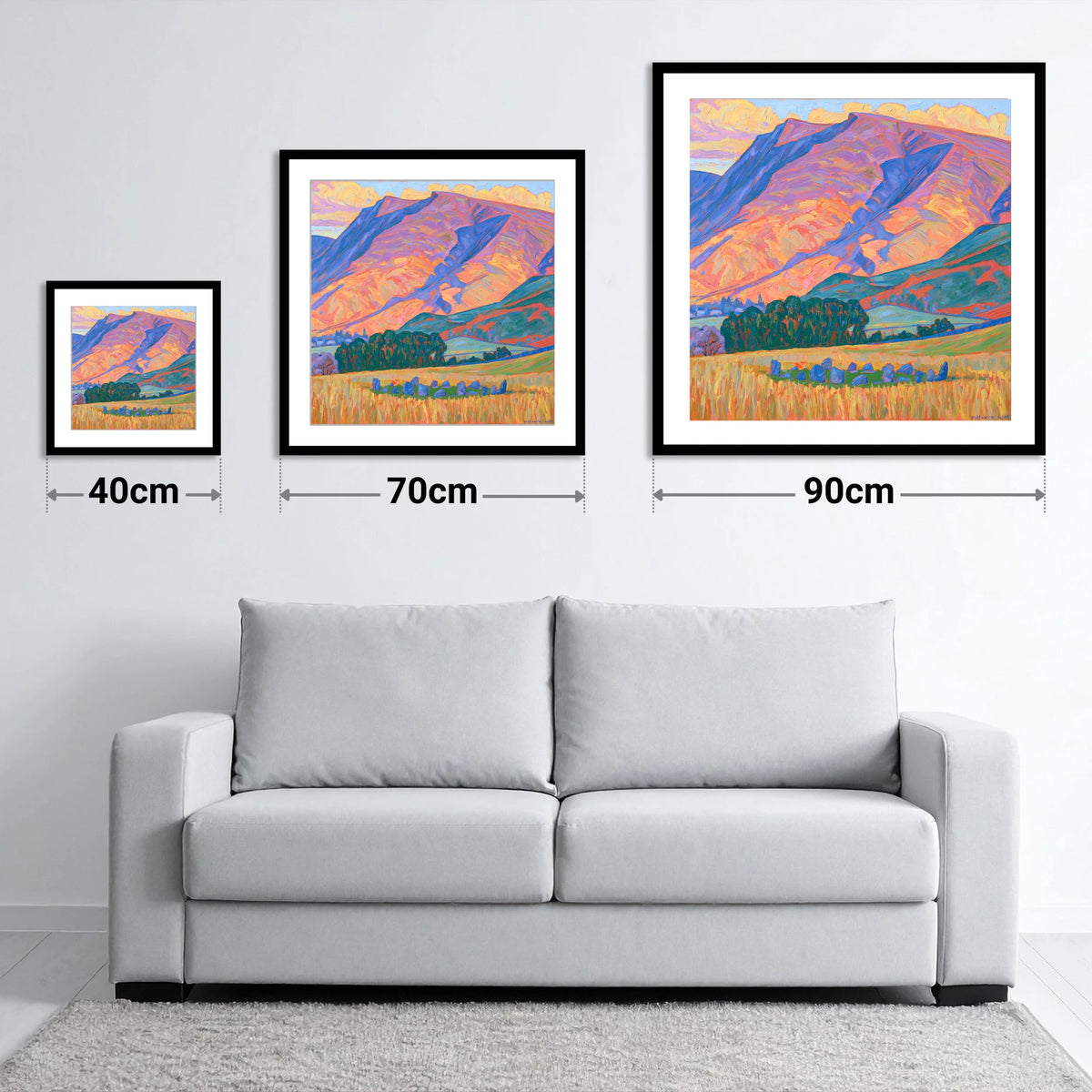 Vibrant Blencathra and Standing Stones - size guide showing 40cm, 70cm and 90cm art prints