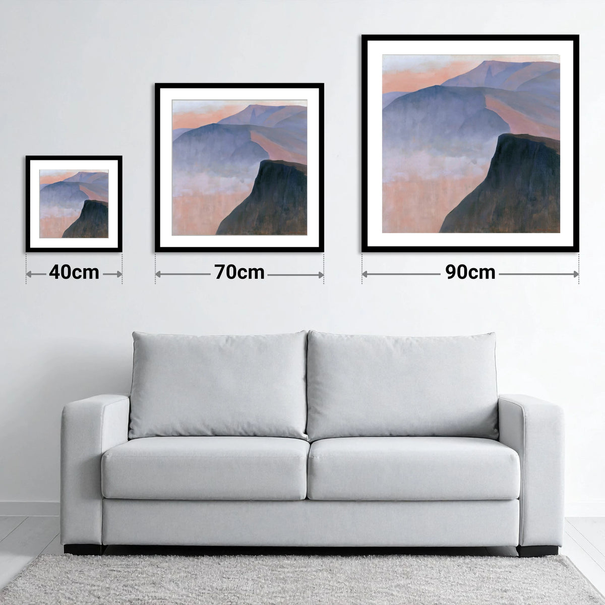 Mountain Ridge in Pastel Mist - size guide showing 40cm, 70cm and 90cm art prints