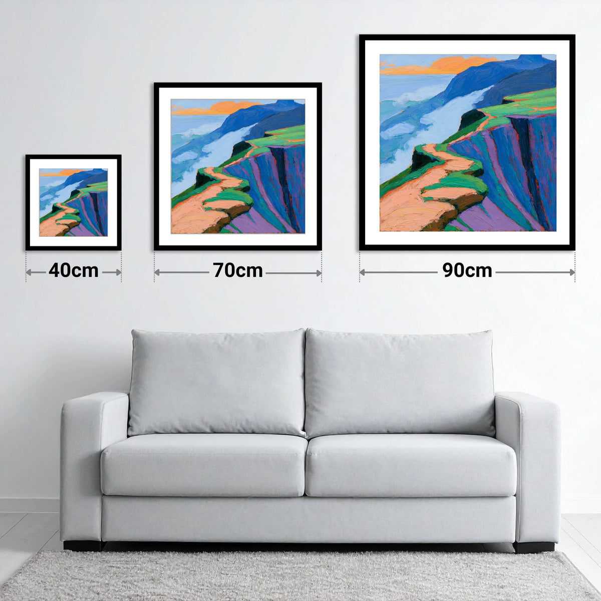 Vibrant Mountain Ridge Path - size guide showing 40cm, 70cm and 90cm art prints