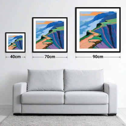 Vibrant Mountain Ridge Path - size guide showing 40cm, 70cm and 90cm art prints