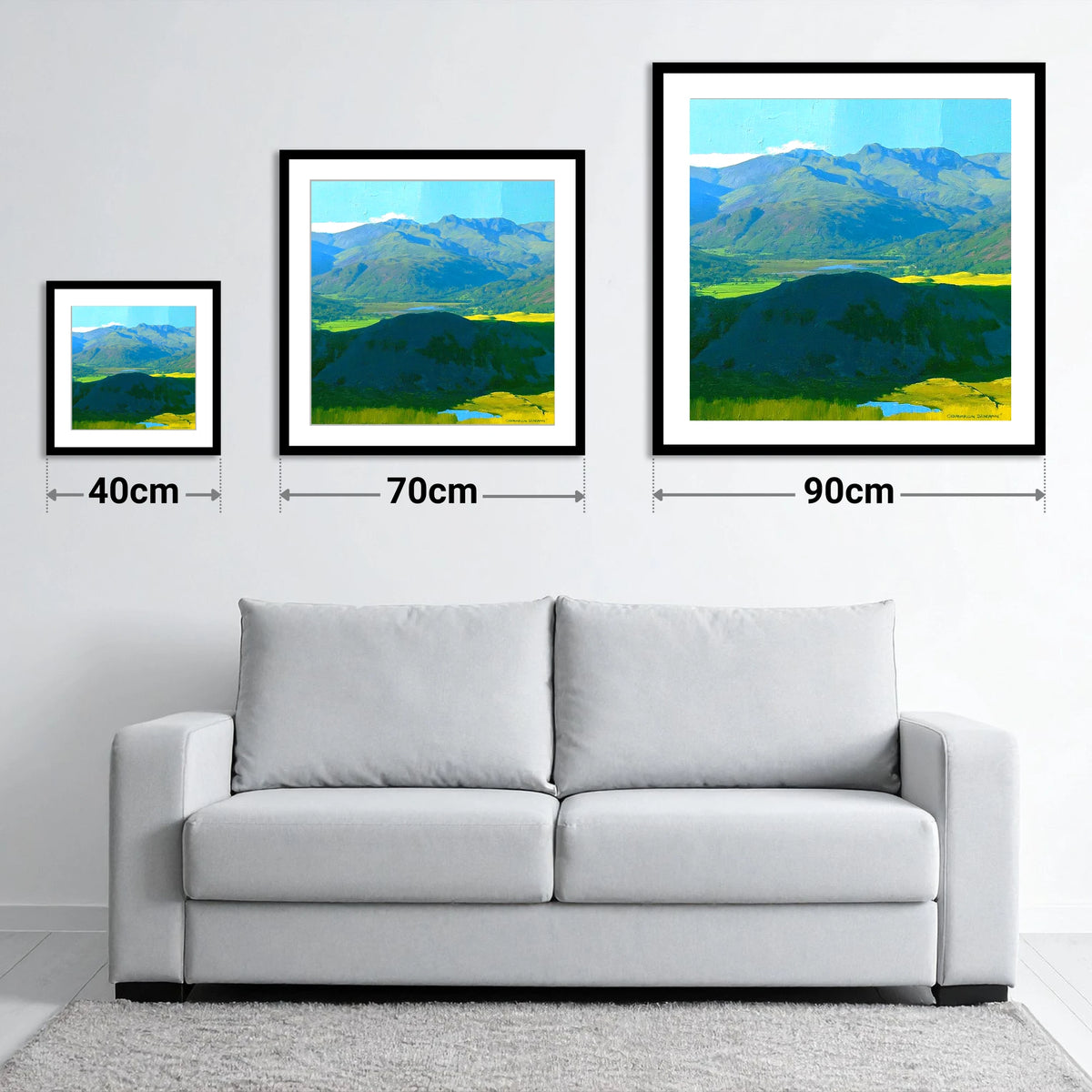 Lingmoor Fell Over Luminous Valley - size guide showing 40cm, 70cm and 90cm art prints