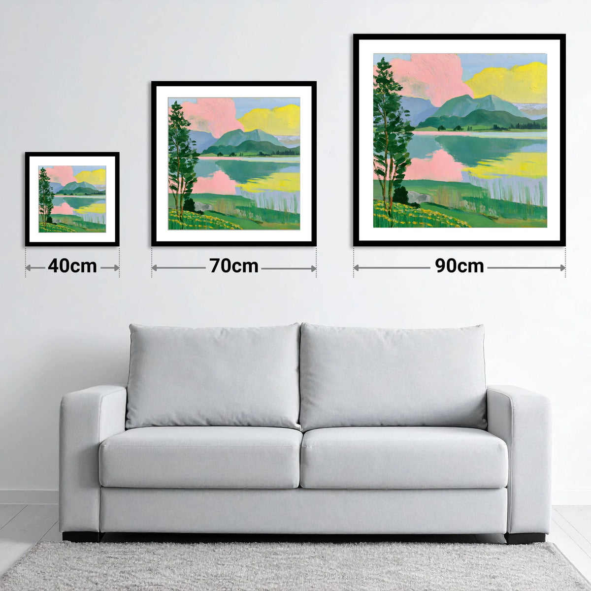 Vibrant Lake With Pink Clouds - size guide showing 40cm, 70cm and 90cm art prints
