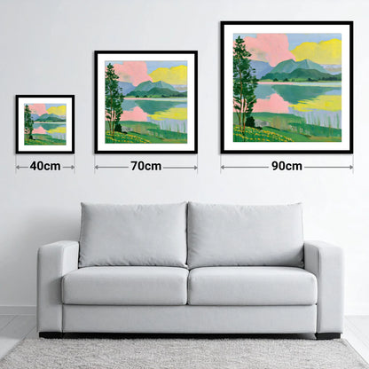Vibrant Lake With Pink Clouds - size guide showing 40cm, 70cm and 90cm art prints