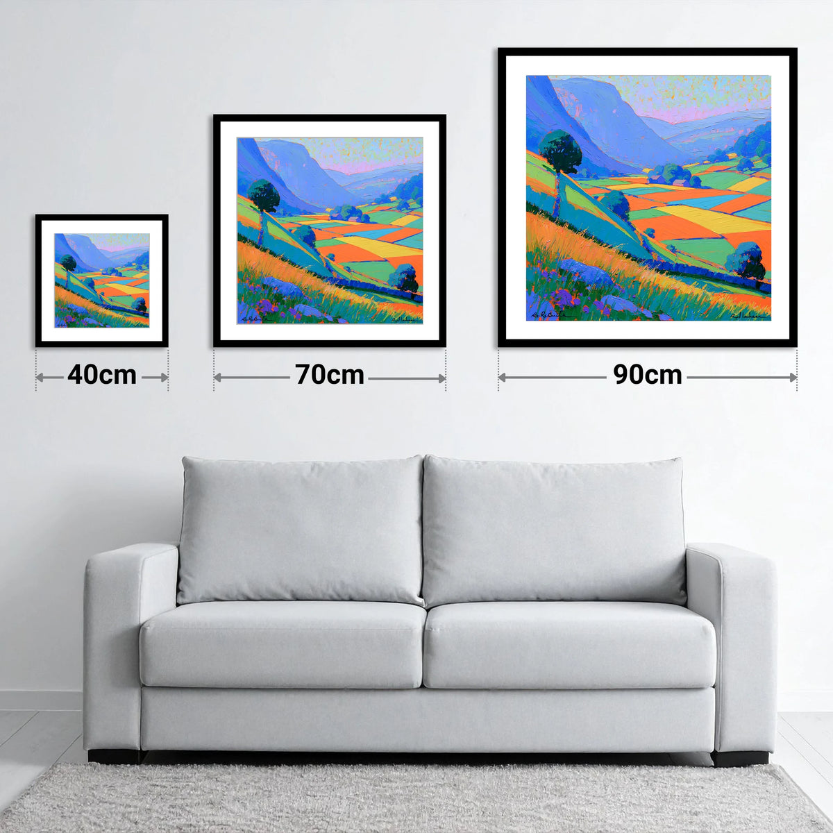 Bold Patchwork Fields and Fells - size guide showing 40cm, 70cm and 90cm art prints