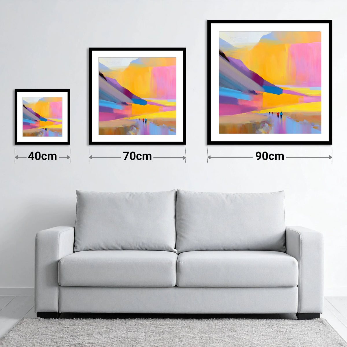 Vibrant Sunset Fell Walkers - size guide showing 40cm, 70cm and 90cm art prints
