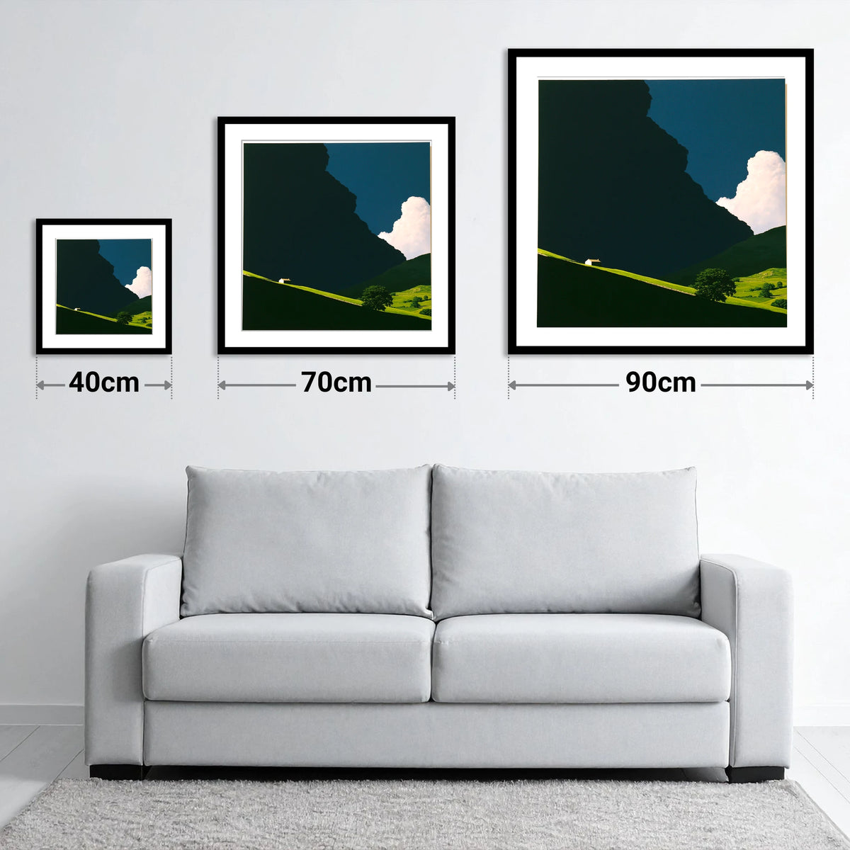 Rolling Fells Under Dark Cloud - size guide showing 40cm, 70cm and 90cm art prints