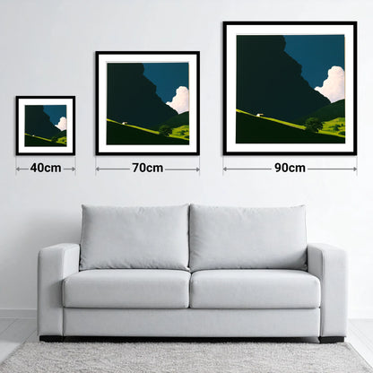 Rolling Fells Under Dark Cloud - size guide showing 40cm, 70cm and 90cm art prints