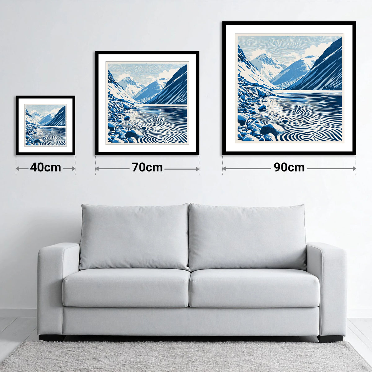 Wastwater Screes in Cobalt Blue - size guide showing 40cm, 70cm and 90cm art prints