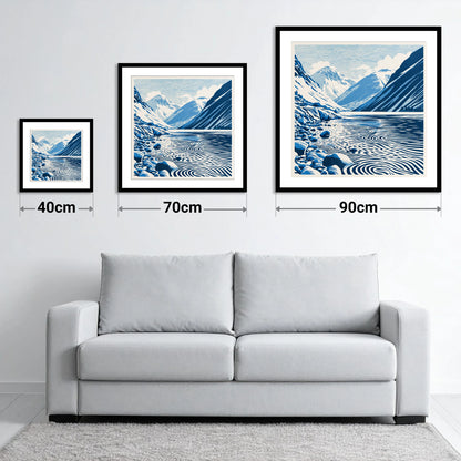 Wastwater Screes in Cobalt Blue - size guide showing 40cm, 70cm and 90cm art prints