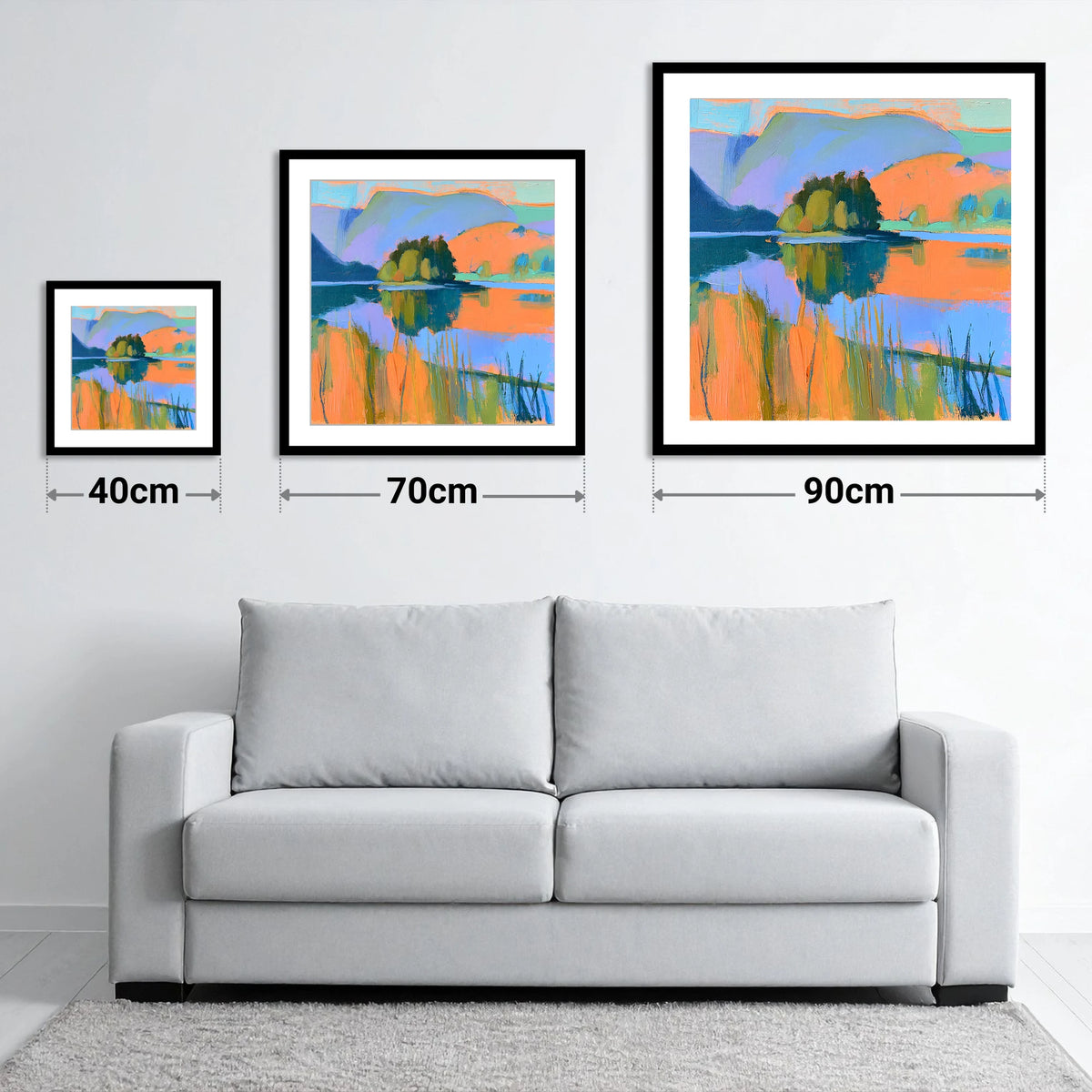 Vibrant Grasmere and Wooded Island - size guide showing 40cm, 70cm and 90cm art prints