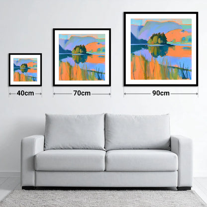 Vibrant Grasmere and Wooded Island - size guide showing 40cm, 70cm and 90cm art prints