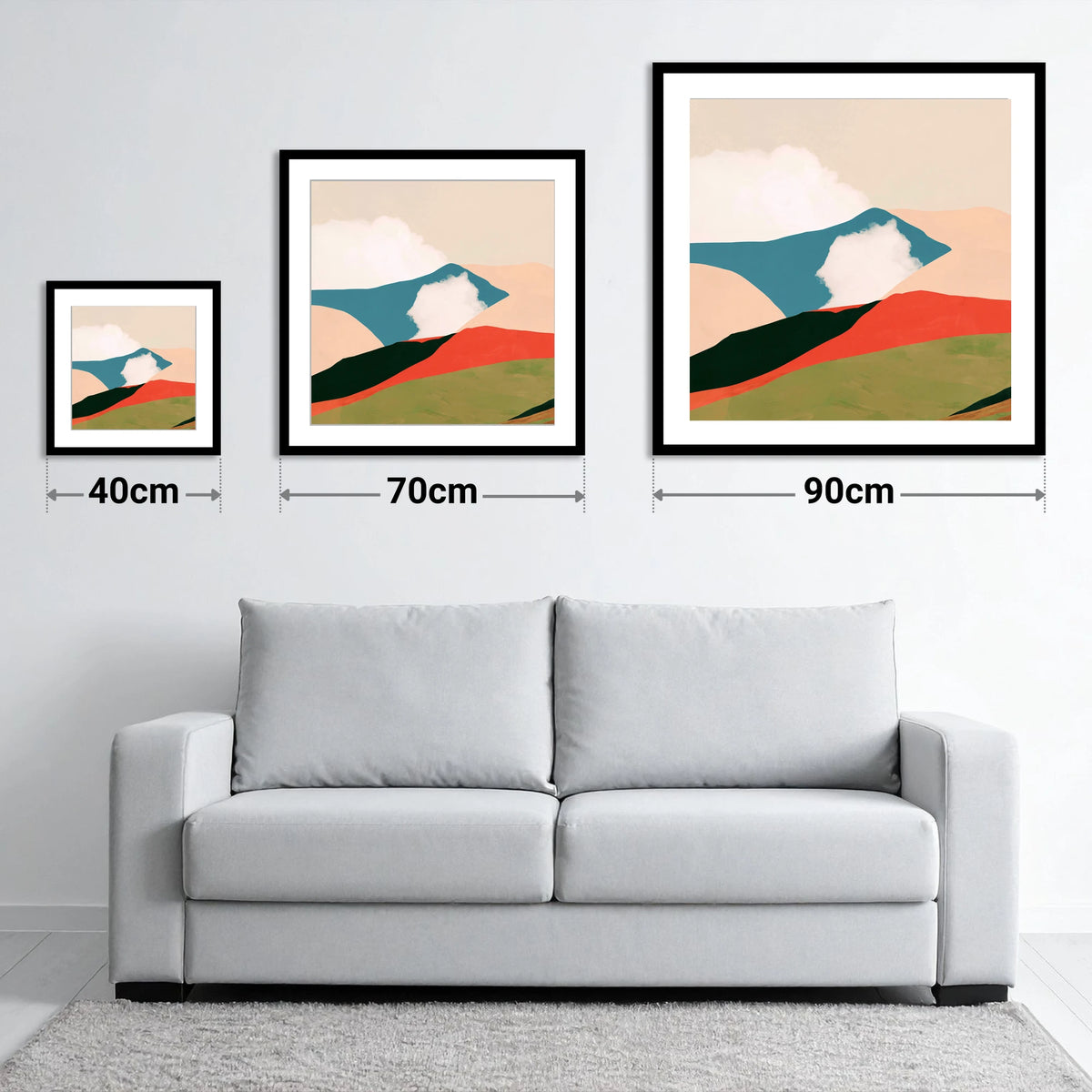 Bold Rolling Fells Under Cloud - size guide showing 40cm, 70cm and 90cm art prints