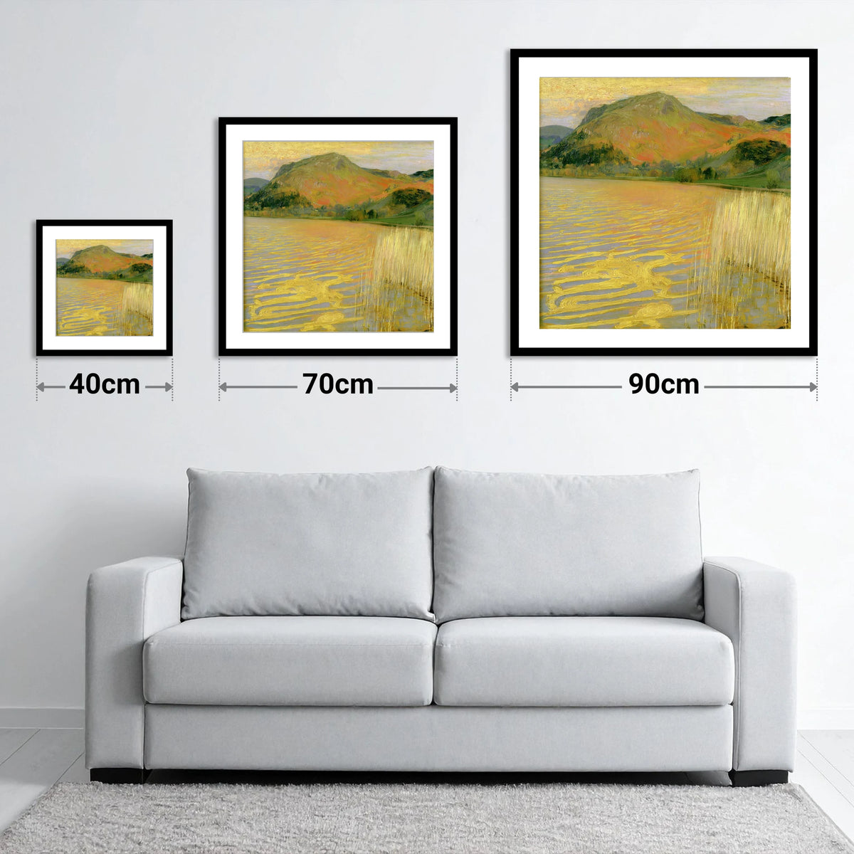 Grasmere in Golden Light - size guide showing 40cm, 70cm and 90cm art prints