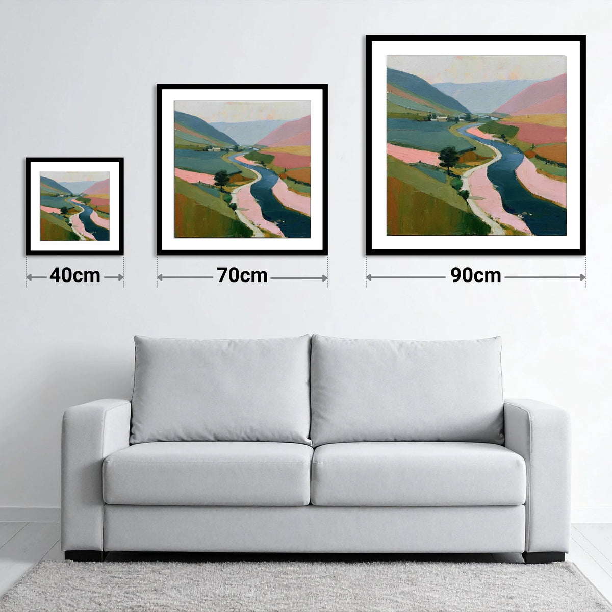 Winding River Valley in Pink - size guide showing 40cm, 70cm and 90cm art prints