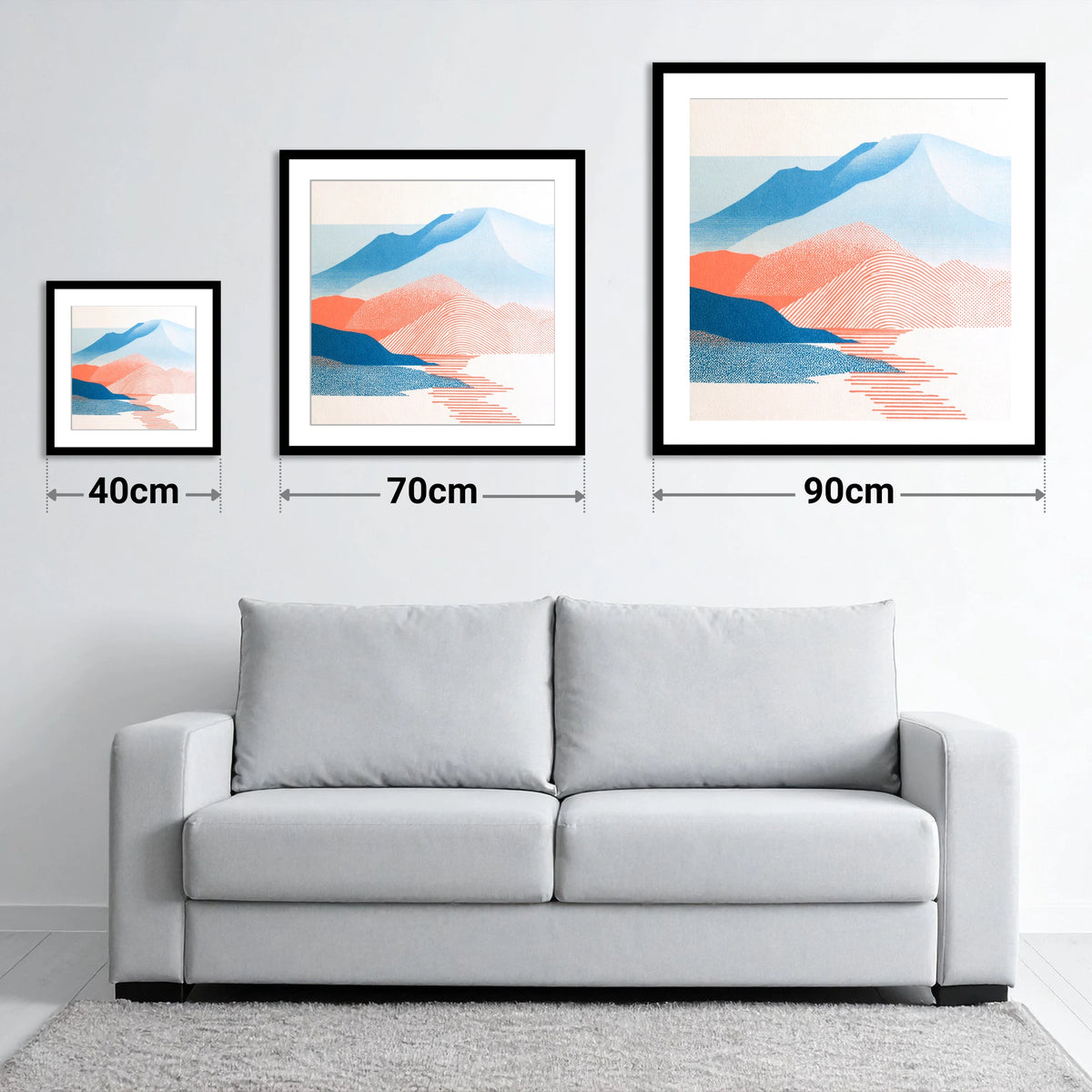 Graphic Skiddaw in Coral and Blue - size guide showing 40cm, 70cm and 90cm art prints