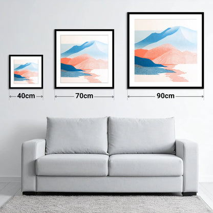 Graphic Skiddaw in Coral and Blue - size guide showing 40cm, 70cm and 90cm art prints