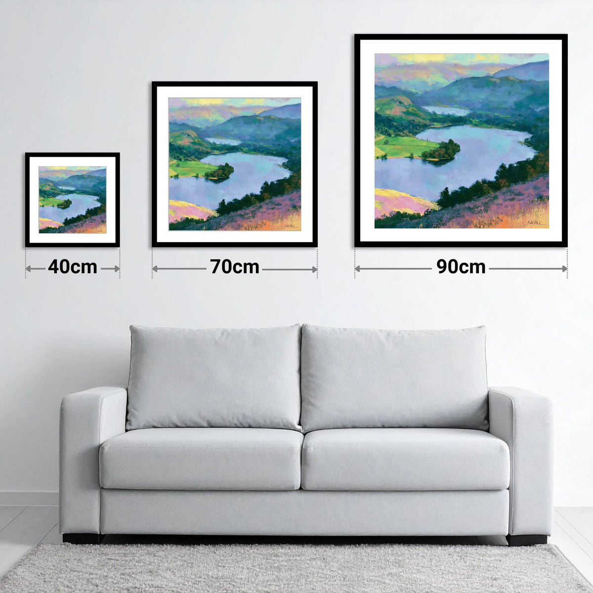 Grasmere Above Purple Bracken - size guide showing 40cm, 70cm and 90cm art prints