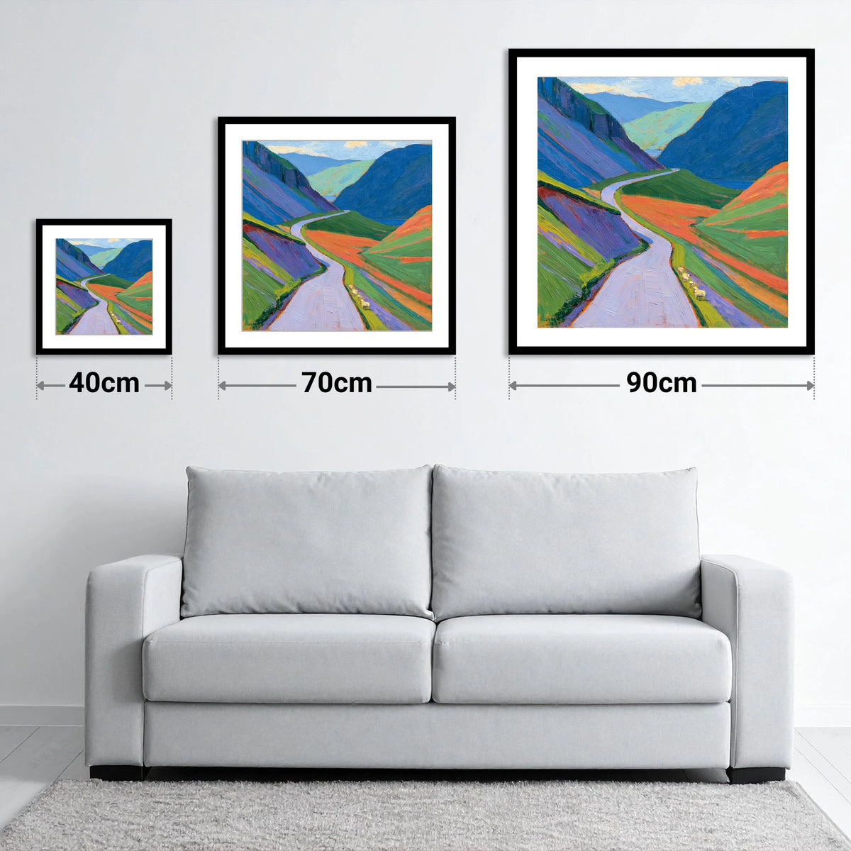 Winding Pass and Cobalt Fells - size guide showing 40cm, 70cm and 90cm art prints