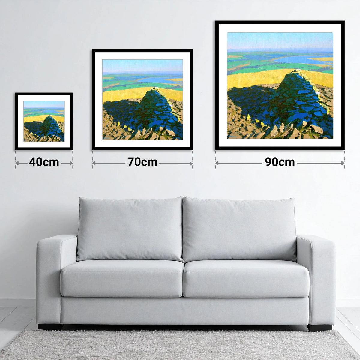 Vibrant Brae Fell Stone Cairn - size guide showing 40cm, 70cm and 90cm art prints