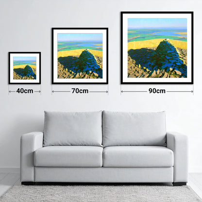 Vibrant Brae Fell Stone Cairn - size guide showing 40cm, 70cm and 90cm art prints