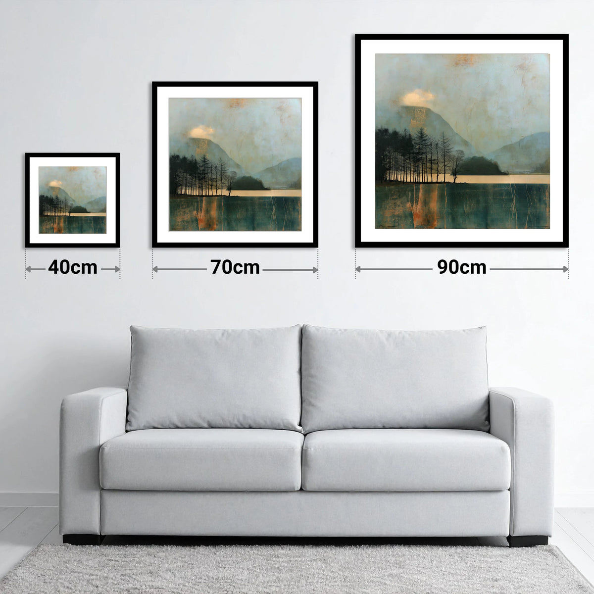 Grasmere Island in Teal and Gold - size guide showing 40cm, 70cm and 90cm art prints