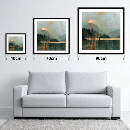 Grasmere Island in Teal and Gold - size guide showing 40cm, 70cm and 90cm art prints