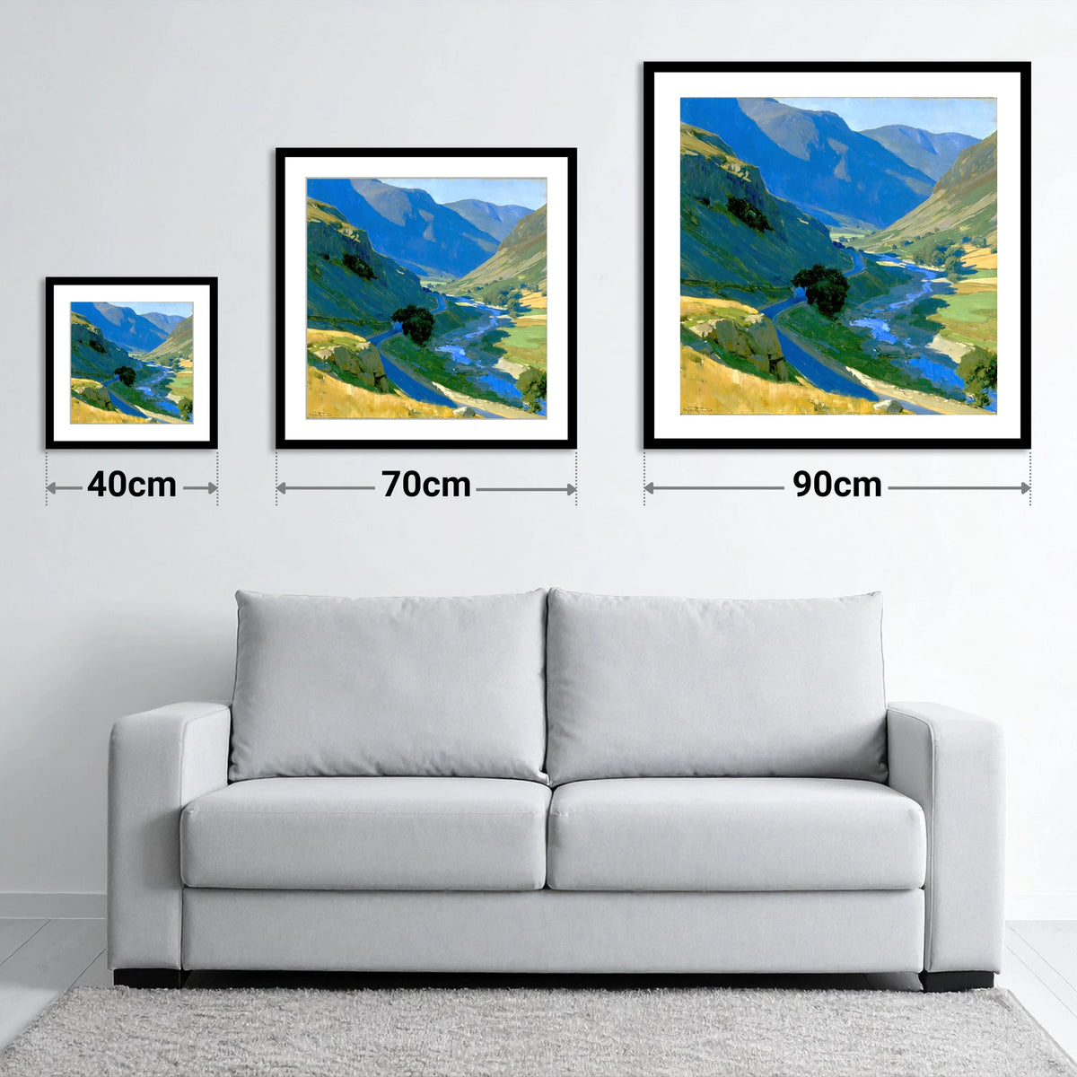 Cobalt Shadows on the Mountain Pass - size guide showing 40cm, 70cm and 90cm art prints