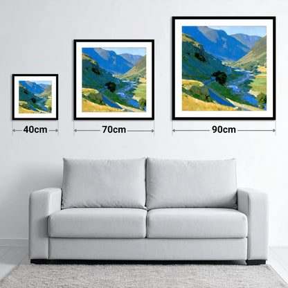 Cobalt Shadows on the Mountain Pass - size guide showing 40cm, 70cm and 90cm art prints