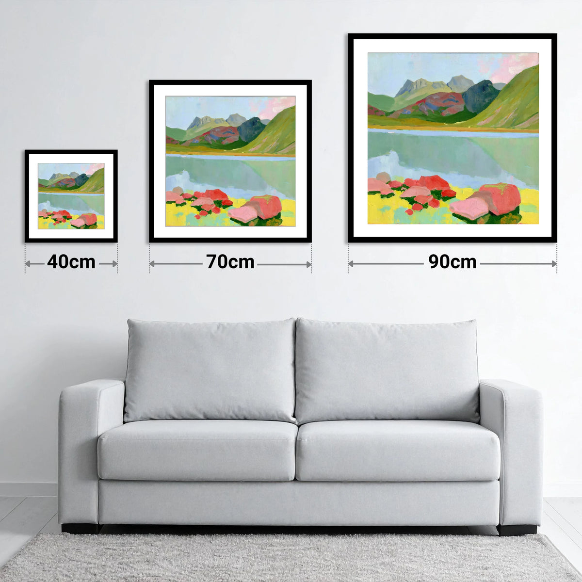 Pastel Rocks at Blea Tarn - size guide showing 40cm, 70cm and 90cm art prints