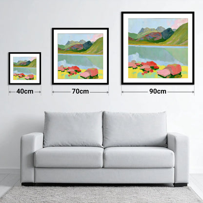 Pastel Rocks at Blea Tarn - size guide showing 40cm, 70cm and 90cm art prints