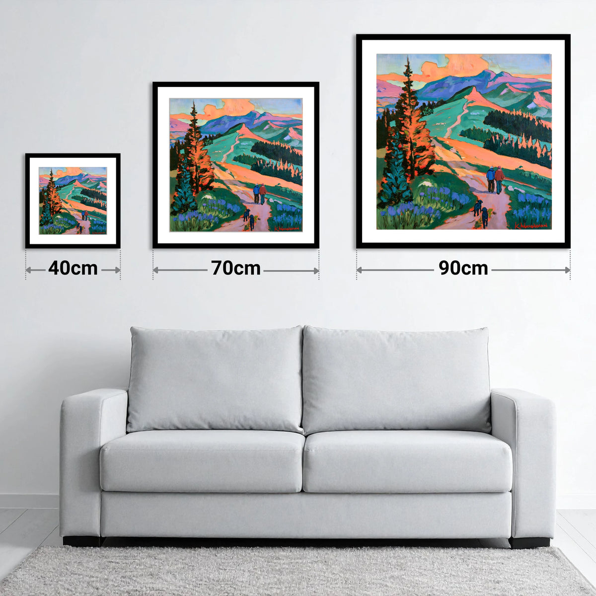 Vibrant Cat Bells Dog Walk - size guide showing 40cm, 70cm and 90cm art prints