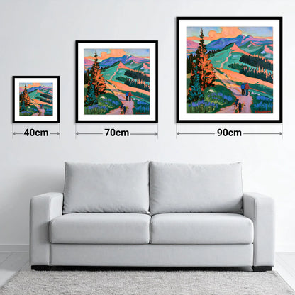Vibrant Cat Bells Dog Walk - size guide showing 40cm, 70cm and 90cm art prints