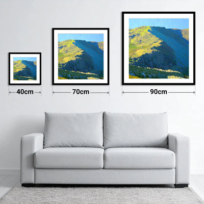 Mardale Ill Bell Sunlit Ridge - size guide showing 40cm, 70cm and 90cm art prints