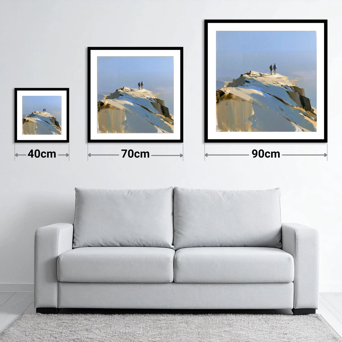 Hikers on the Sunlit Summit - size guide showing 40cm, 70cm and 90cm art prints
