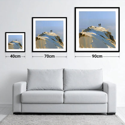 Hikers on the Sunlit Summit - size guide showing 40cm, 70cm and 90cm art prints