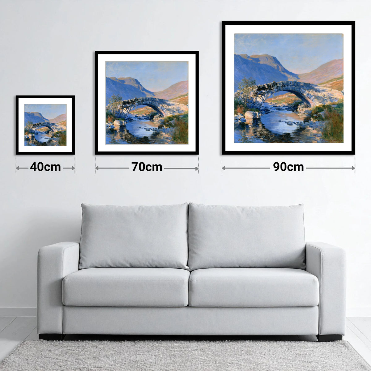 Luminous Stone Bridge Over Mountain Beck - size guide showing 40cm, 70cm and 90cm art prints
