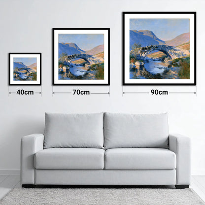 Luminous Stone Bridge Over Mountain Beck - size guide showing 40cm, 70cm and 90cm art prints