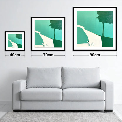 Abstract Hawkshead Dog Path - size guide showing 40cm, 70cm and 90cm art prints