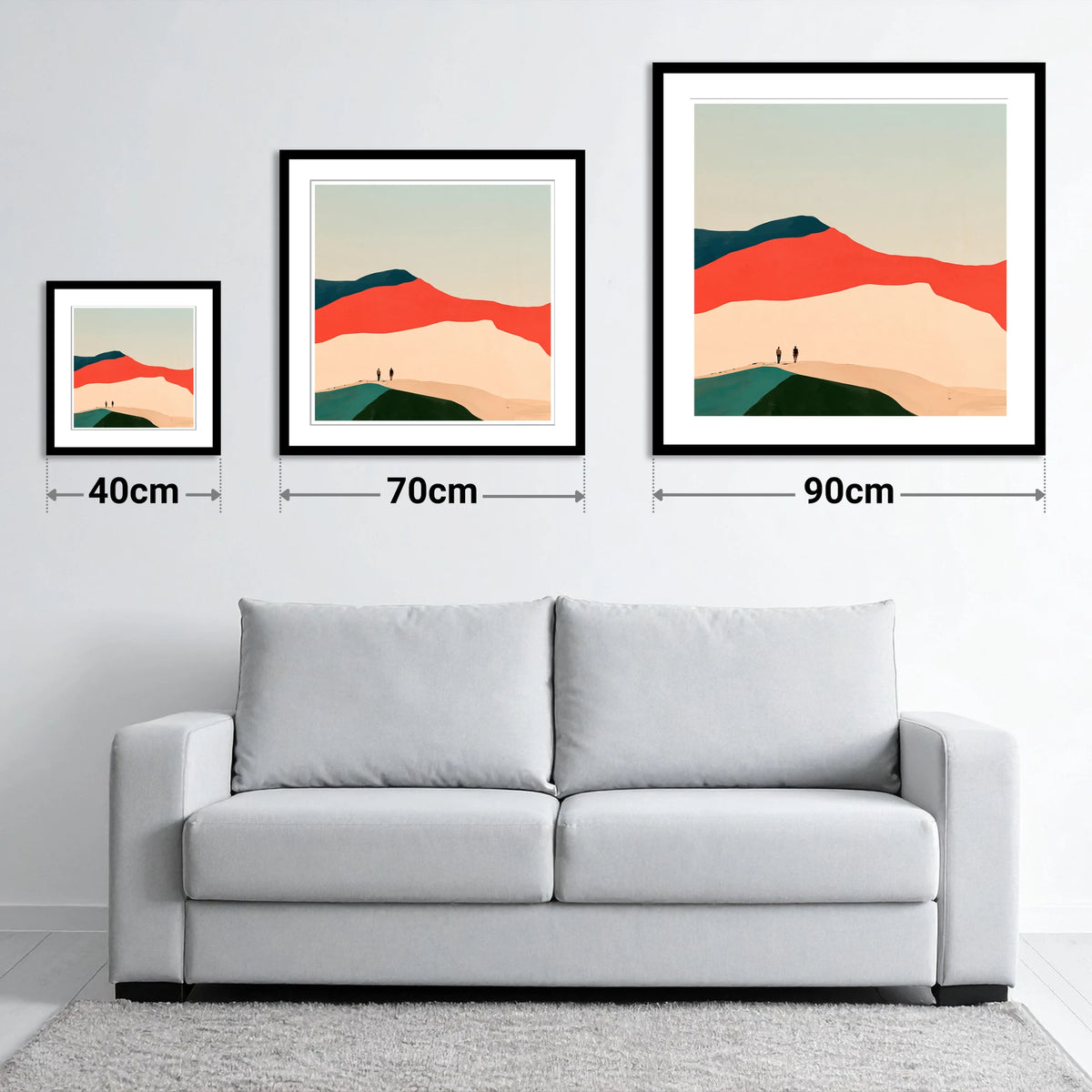 Hikers on a Graphic Fell Ridge - size guide showing 40cm, 70cm and 90cm art prints